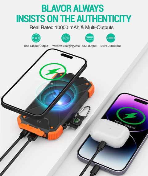 10,000mAh Solar Power Bank With Wireless Charging And 20W USB C Fast Charge, showing dual charging of phone and earbuds