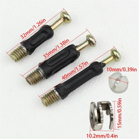 Close-up of 50 Pack 3 In 1 Furniture Screw Connector Bolts And Nuts Assortment Kit showing 32mm, 35mm, 40mm bolts with nuts