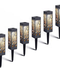 Six Pack Solar Pathway Lights Outdoor Waterproof LED Landscape Lighting Powered By Sun For Pathways Walkways Patios Yards And Lawns With Warm White Glow No Fuss Install Auto On At Night Weatherproof Garden Lights displaying intricate patterns.