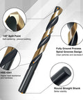 Close-up of 29 Piece Cobalt Drill Bit Set With 135 Degree Tips Beefy High Speed Steel Black And Gold Finish ideal for precise drilling.