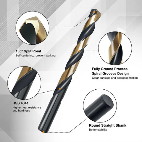 Close-up of 29 Piece Cobalt Drill Bit Set With 135 Degree Tips Beefy High Speed Steel Black And Gold Finish ideal for precise drilling.
