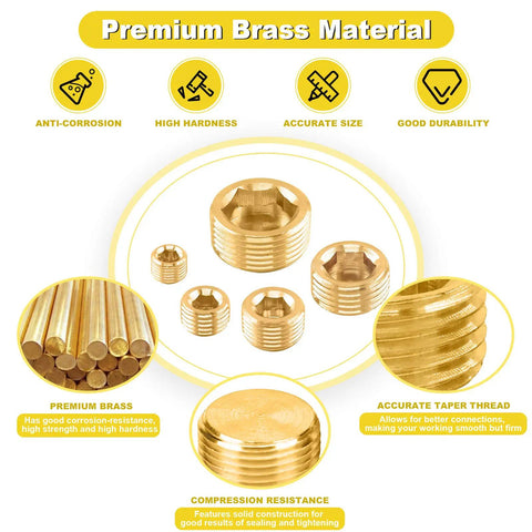 Brass NPT Pipe Plugs Kit 16-Piece, 5 Sizes 1/8 1/4 3/8 1/2 3/4 Inch, Internal Hex Countersunk Male Thread Pipe Plug Set