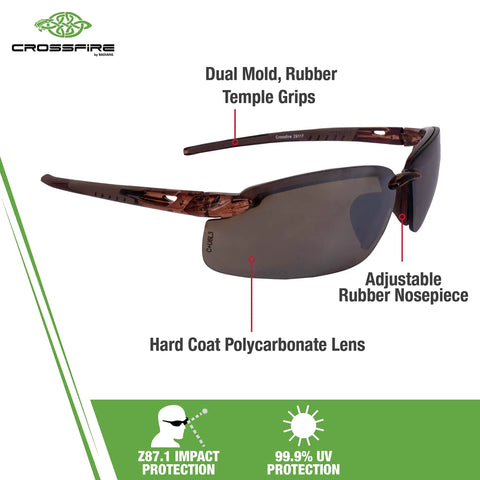 Brown Mirror Safety Glasses With Scratch Resistant Frameless Design For All Day Comfort Rubber Nosepiece Dual Mold Temple Grips