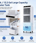Beast Mode 4500 CFM Evaporative Air Cooler Slices Through Summer Heat With 13.2 Gallon Tank, 90 Degree Pivot, 8 Hour Timer And Wireless Remote showing large 13.2 gallon water tank.