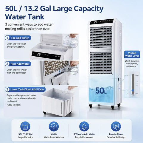 Beast Mode 4500 CFM Evaporative Air Cooler Slices Through Summer Heat With 13.2 Gallon Tank, 90 Degree Pivot, 8 Hour Timer And Wireless Remote showing large 13.2 gallon water tank.