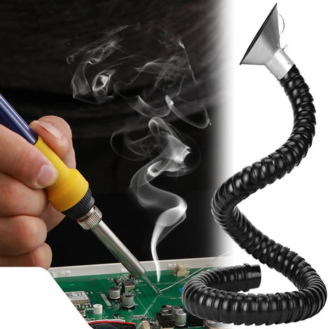 Heavy Duty Flexible Solder Fume Extractor Arm With Heat Resistant Industrial Joint Pipe and Detachable Collector Hood 360 Degree Rotatable Ventilation Hose extracting smoke from soldering.