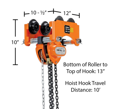 Low Headroom Chain Hoist With Push Trolley For Tight Spaces, 2000 Lb Capacity, Heavy Duty Steel, 10 Ft Lift, Compact, Orange Finish