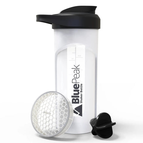 Dual Mixing Protein Shaker Bottle 28 Oz with Ball Mixer and Grid, BPA Free, Leak-Proof in White and Black, includes grid and ball