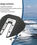 Whale Tail Hydrofoil Stabilizer package with screws, drill bit, and boat in background, fits 40-300 HP outboard engines.