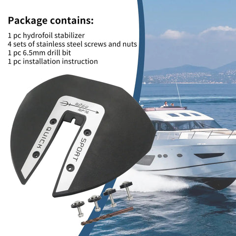 Whale Tail Hydrofoil Stabilizer package with screws, drill bit, and boat in background, fits 40-300 HP outboard engines.