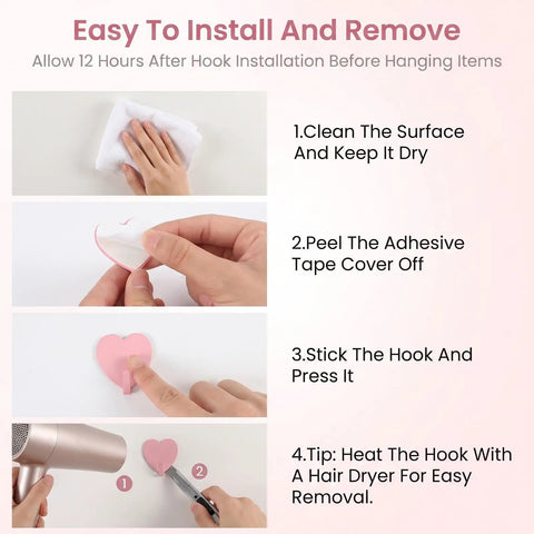 Instructions for Super Sweet Pink Heart Wall Hooks 10 Pack Adhesive Hangars for installation and removal steps.