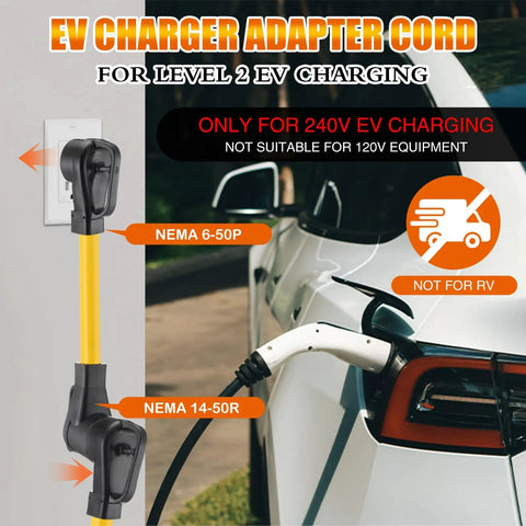 Beefy 50 Amp Welder To EV Charger Cord 1Ft NEMA 6-50P To 14-50R Adapter For Level 2 Charging shown with car charging