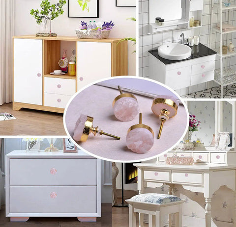 Rose Quartz Crystal Cabinet Knobs Set of 4 Gold Plated Round Dresser and Cupboard Drawer Handles Pink Stone Kitchen Cabinet Hardware for Cabinets Easy Install Sleek Natural Stone Look shown in various furniture settings