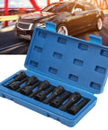 Grabsome 10 Piece Square Bit Socket Set Built Tough With Impact Ready CR-MO Steel Big Time Garage Gear For Heavy Duty Jobs Featuring M5 Through M18 Sizes Plus Nifty Storage Case You Gonna Love This Awesome Tool Kit. blue case open with square bit sockets for car repair
