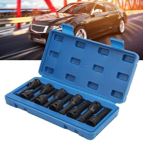 Grabsome 10 Piece Square Bit Socket Set Built Tough With Impact Ready CR-MO Steel Big Time Garage Gear For Heavy Duty Jobs Featuring M5 Through M18 Sizes Plus Nifty Storage Case You Gonna Love This Awesome Tool Kit. blue case open with square bit sockets for car repair