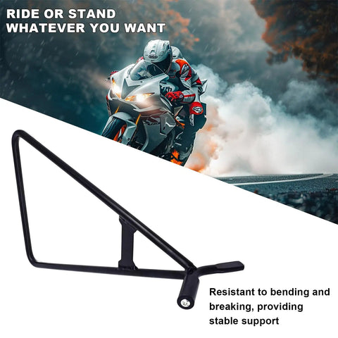 Beefy Heavy Duty Solid Steel Motorcycle Triangle Stand For Dirt Bikes 80-500cc with a rider in action background