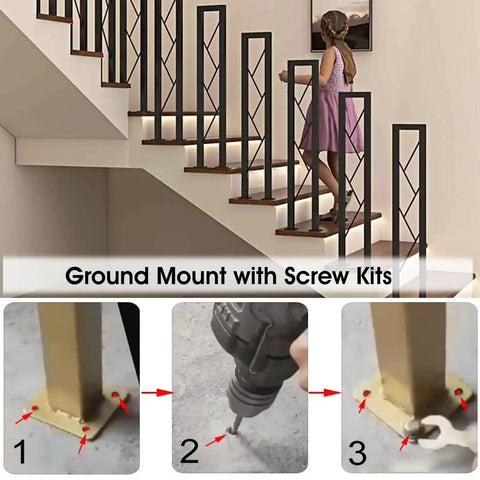 Legit Top Shelf Black Wrought Iron Handrails built tough for steps; ground mount installation shown with screw kits.