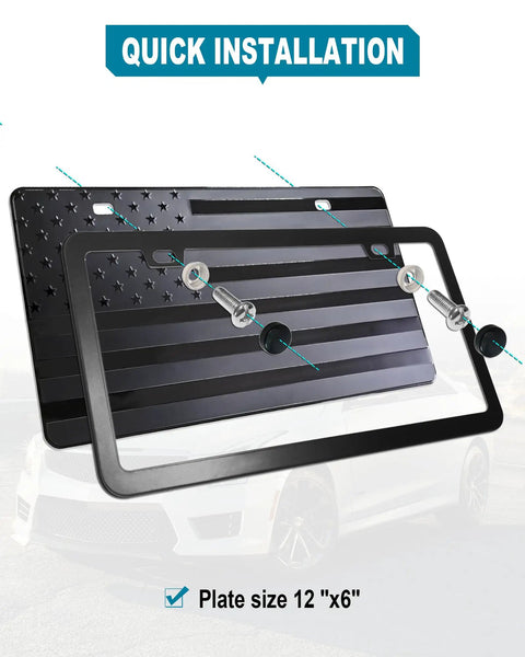 USA Flag Front Bumper License Plate With Black Aluminum Tag Frame Cover, 3D Embossed Stars And Stripes, screws included