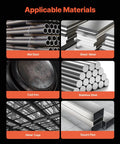 Image showing materials applicable with 3 In 1 MIG Welder 130 Amp Flux Core MIG Lift TIG MMA Welding Machine: mid steel, sheet metal, cast iron, stainless steel, metal cage, and square pipe.