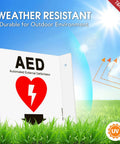 Front view of two 6x6 inch acrylic AED signs, white with black AED text and red heart; pre-drilled holes.