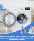 Open washing machine with Appliance Door Latch Kit Upgrade 2 Pack For GE And Most Brands Replacement Parts shown beside.