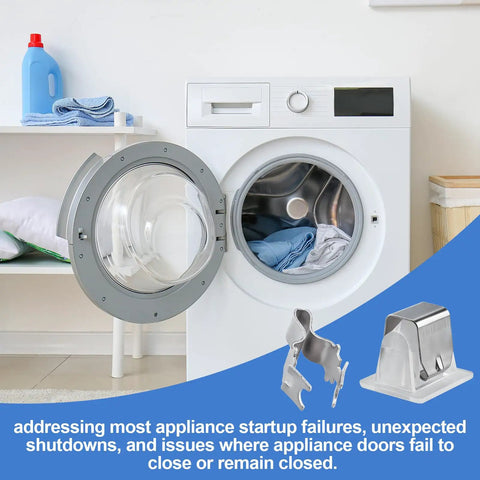 Open washing machine with Appliance Door Latch Kit Upgrade 2 Pack For GE And Most Brands Replacement Parts shown beside.