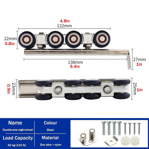 Pro Grade Sliding Barn Door Hardware Kit For Two Doors, Double Track System 8-wheel hanger details and included accessories.