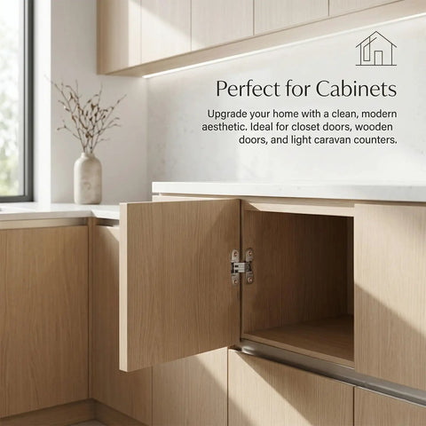 Open cabinet with 4 pack stainless steel 180 degree hidden cabinet hinges for frameless doors installed.