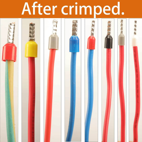1200 Piece Wire Ferrule And Terminal Kit With Eight Types Of Insulated Copper Crimp Connectors For AWG 22 To 7 shown crimped on wires
