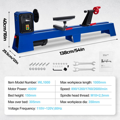 Benchtop wood lathe WL1000 by Amazon, blue metal frame with headstock, tailstock, tool rest, and included wrenches.
