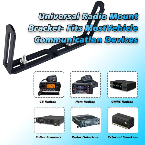 Adjustable Universal Car CB Radio Mount Bracket For Ham Transceivers And Scanners, shown with compatible devices