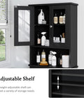 Over The Toilet Storage Cabinet For Bathroom, Black Space Saver With Two Tempered Glass Doors, Wood Construction CARB P2 Compliant Moisture Resistant Open Shelf And Enclosed Cabinet, featuring adjustable shelves, displayed beside a window.