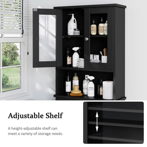 Over The Toilet Storage Cabinet For Bathroom, Black Space Saver With Two Tempered Glass Doors, Wood Construction CARB P2 Compliant Moisture Resistant Open Shelf And Enclosed Cabinet, featuring adjustable shelves, displayed beside a window.