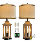 Set of Cozy Farmhouse Style Table Lamps with dual USB ports, 23.75 inch tall, hollowed wood body, warm lampshade, touch control.