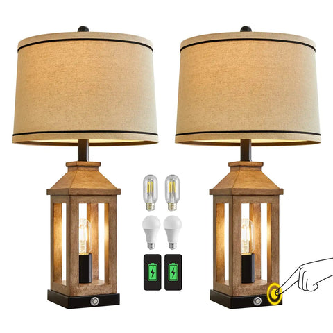 Set of Cozy Farmhouse Style Table Lamps with dual USB ports, 23.75 inch tall, hollowed wood body, warm lampshade, touch control.