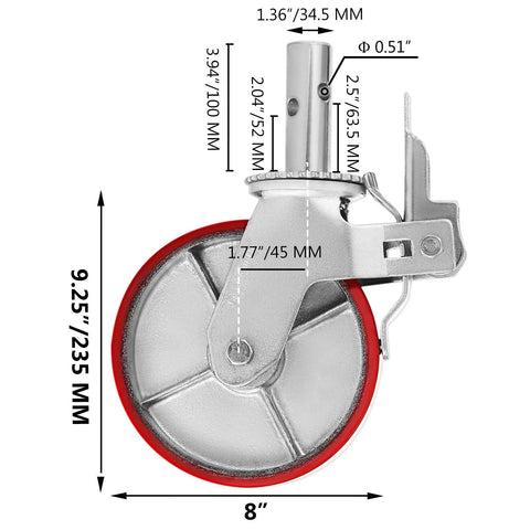 Heavy Duty 8 Inch Scaffolding Casters Set, 4 Pack With Locking Stem Brakes, Each Wheel 1100 Lbs Capacity, Total 4400 Lbs, Polyurethane Wheels For Scaffold, Shelves, And Workbenches shown in side view with measurements.