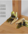 Four Pack Rock Solid Folding Brackets With Self Locking Hinges And Angle Fittings For Table Legs shown with screws on a wooden surface.