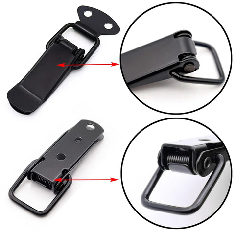 Close-up of 12 Pack Black Toggle Latches Stainless Steel Spring Lock Clasp Buckle Latch with screws, 75mm length.