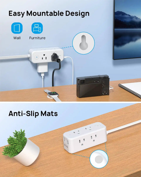 Flat Plug Power Strip With 10ft Ultra Thin Flat Cord, 6 Widely Spaced Outlets, 3 USB Ports, Wall Mountable, 1440J Surge Protector showing wall mount and anti-slip mats.