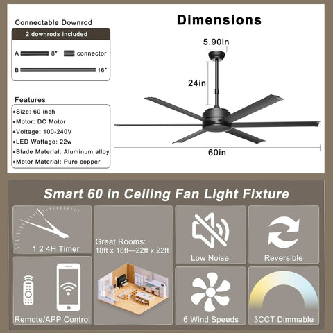 60 Inch Ceiling Fan No Light With Remote And App Control Quiet DC Motor Indoor Outdoor Ceiling Fan For Patio Garage Shop Industrial Aluminum Blades In Black.