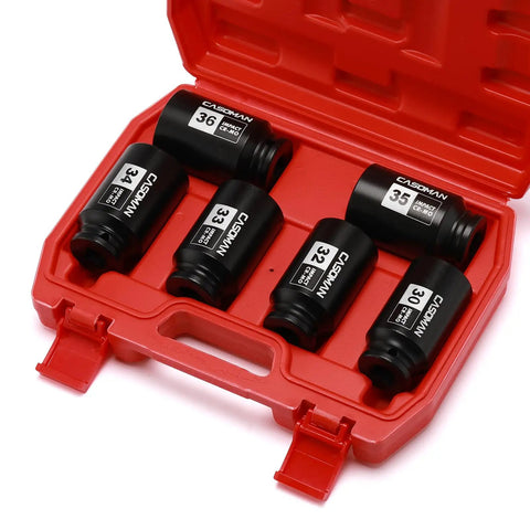 One Half Inch Drive Deep Axle Nut Socket Set, Six Point Impact Sockets 30mm Through 36mm, Six Piece, CR MO Steel, heavy duty case