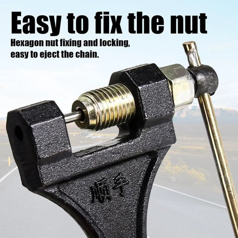 Heavy Duty Motorcycle Chain Breaker Tool For 420 428 520 525 528 530 Chains close-up of cast iron body with hex nut