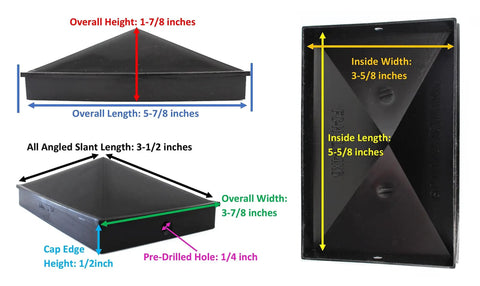 Plastic Pyramid Fence Post Caps 4x6 Nominal 3-5/8 x 5-5/8 With Pre-Drilled Holes Black or White Pack of 2 measurements shown