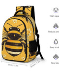 Golden Bloom Bumblebee Printed Unisex Backpack With Large Capacity For School And Travel Durable Polyester Build Breathable Design Smooth Zipper Go To Everyday Carryall, side and front view with dimensions.