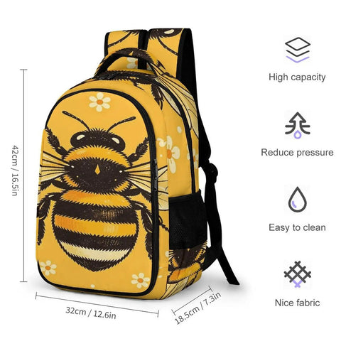 Golden Bloom Bumblebee Printed Unisex Backpack With Large Capacity For School And Travel Durable Polyester Build Breathable Design Smooth Zipper Go To Everyday Carryall, side and front view with dimensions.