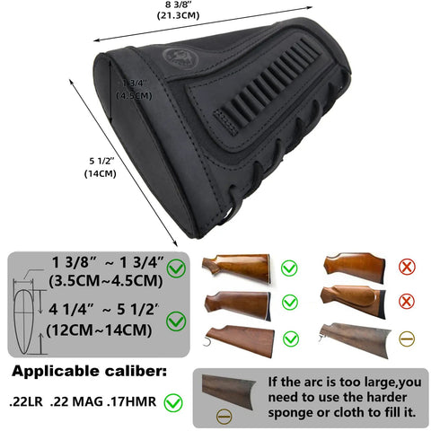 Buffalo Hide Leather Waxed Canvas Recoil Reducing Pad For Buttstock Extension And Cheek Rest With Rifle Shell Holder Fits.22LR.22MAG.17HMR with dimensions and fit guide