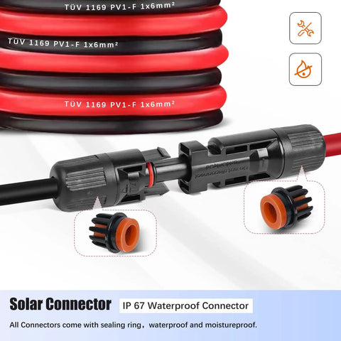 10 AWG Solar Extension Cable 30 Ft For Roof PV Systems With Male And Female Connectors, 30 Amp DC Wire, Waterproof Design
