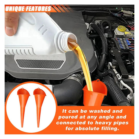 Pouring oil into engine using Two Pack Long Neck Oil Funnels, Spill Saver Plastic Fill Funnels For Automotive Oils And Liquids