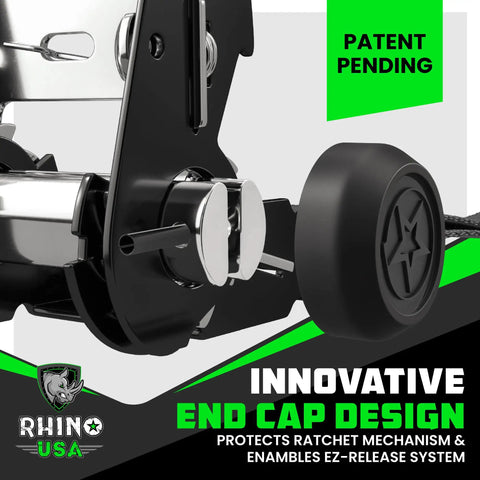 Close-up of Heavy Duty Ratchet Tie Downs 4 Pack With Ez Release System, showcasing innovative end cap design and ratchet mechanism.