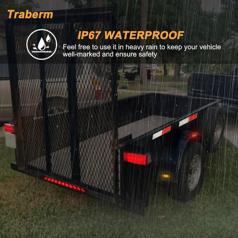 Trailer with Beefy Submersible LED Trailer Tail Light Kit in rain, highlighting IP67 waterproof feature